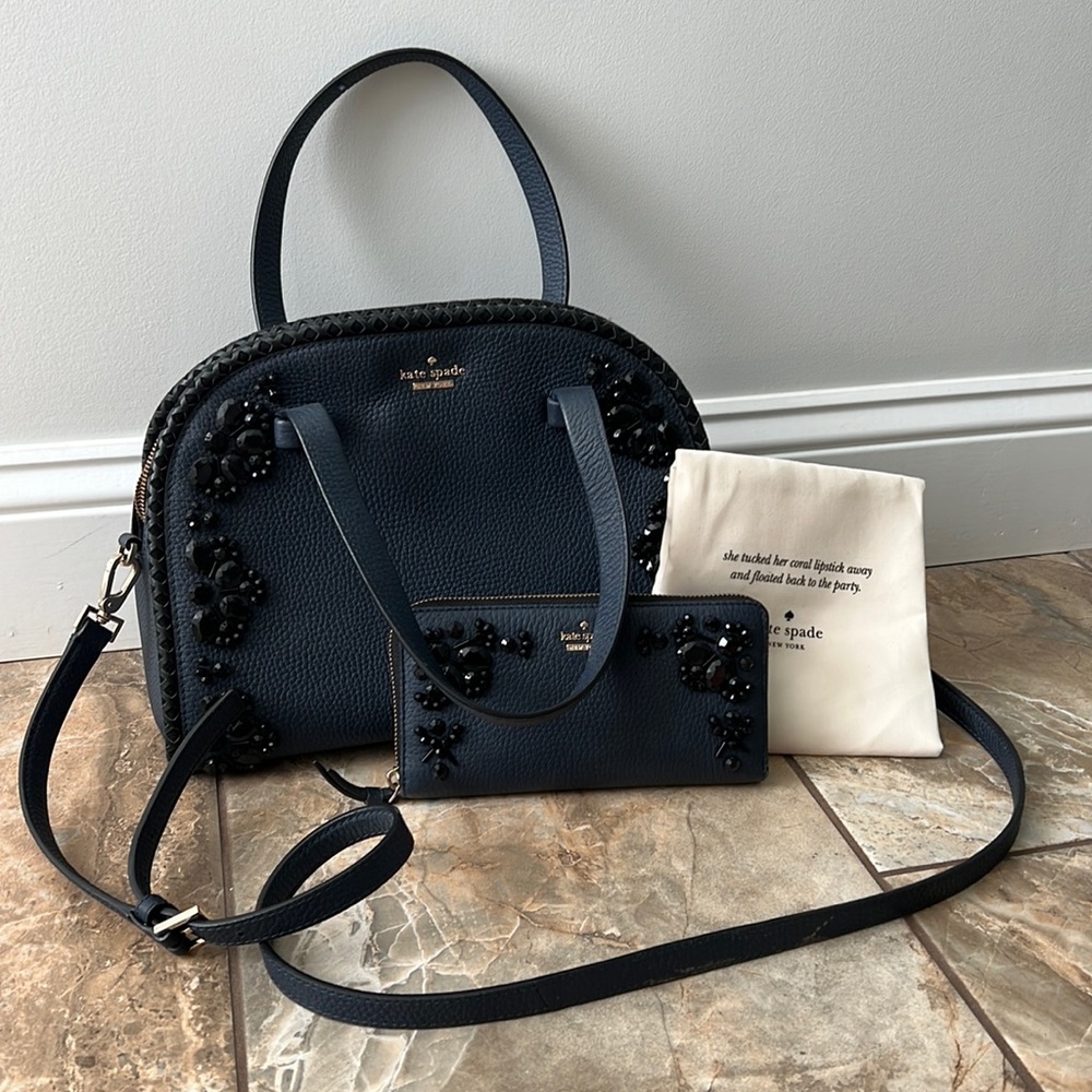 Kate Spade Navy Leather Purse & Wallet Set with Crystals